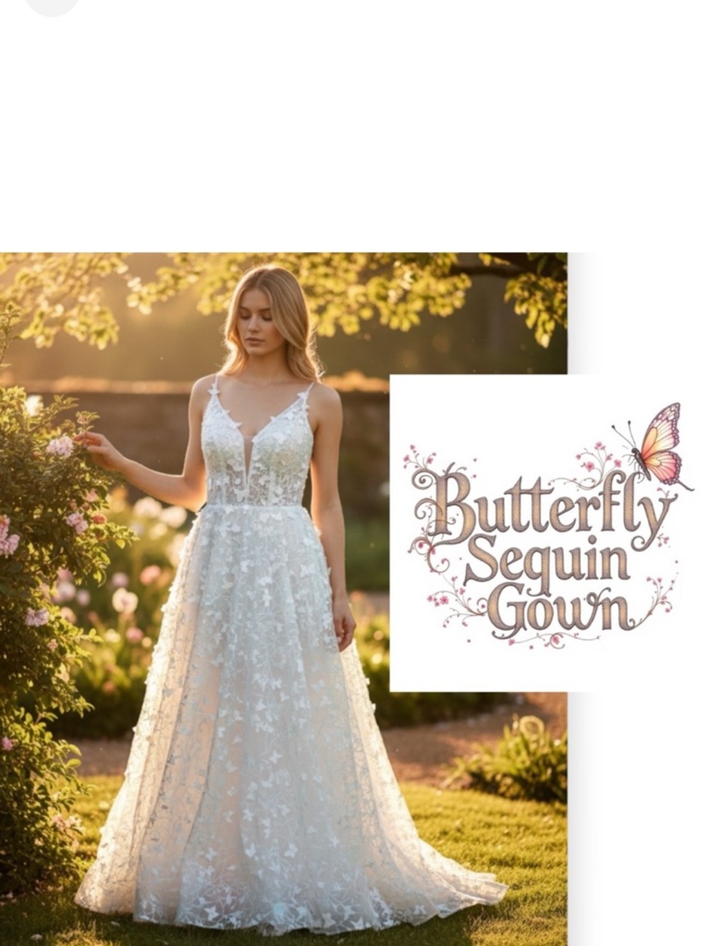 Ivory a line whimsical prom dress with 3-D butterflies and sequins size 4-6